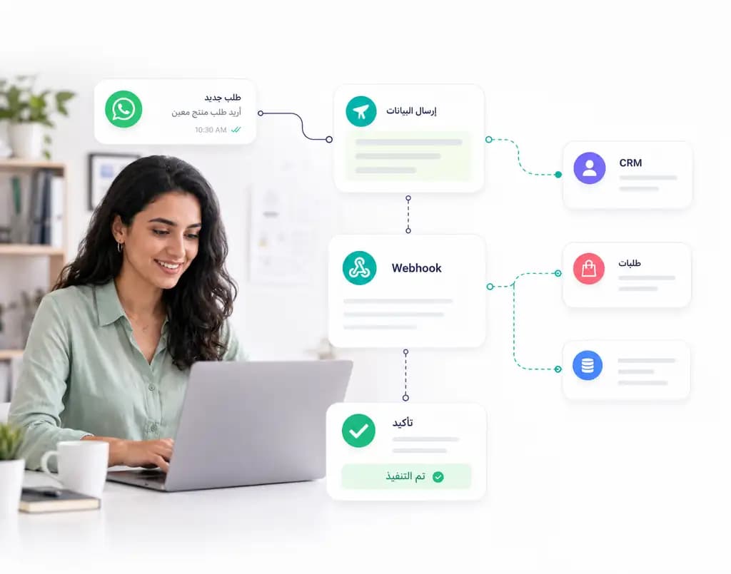 تدفق أتمتة يرسل بيانات الطلب إلى CRM والطلبات وقاعدة البيانات عبر Webhook