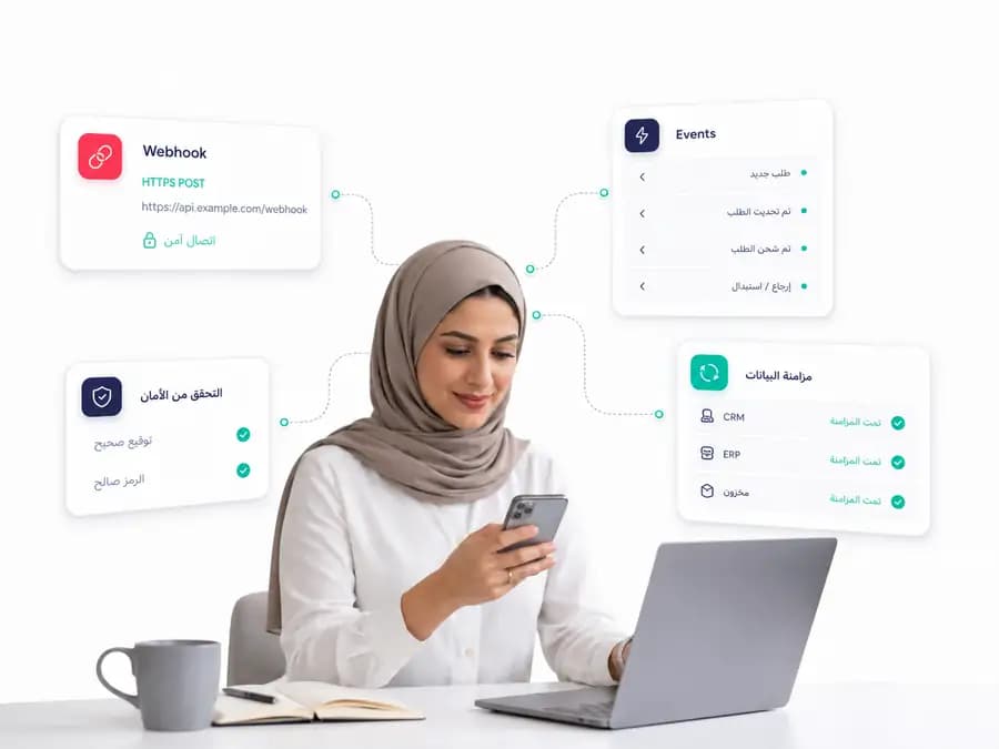 واجهة Webhook آمنة تعرض HTTPS POST والتحقق من الأمان ومزامنة بيانات CRM وERP والمخزون