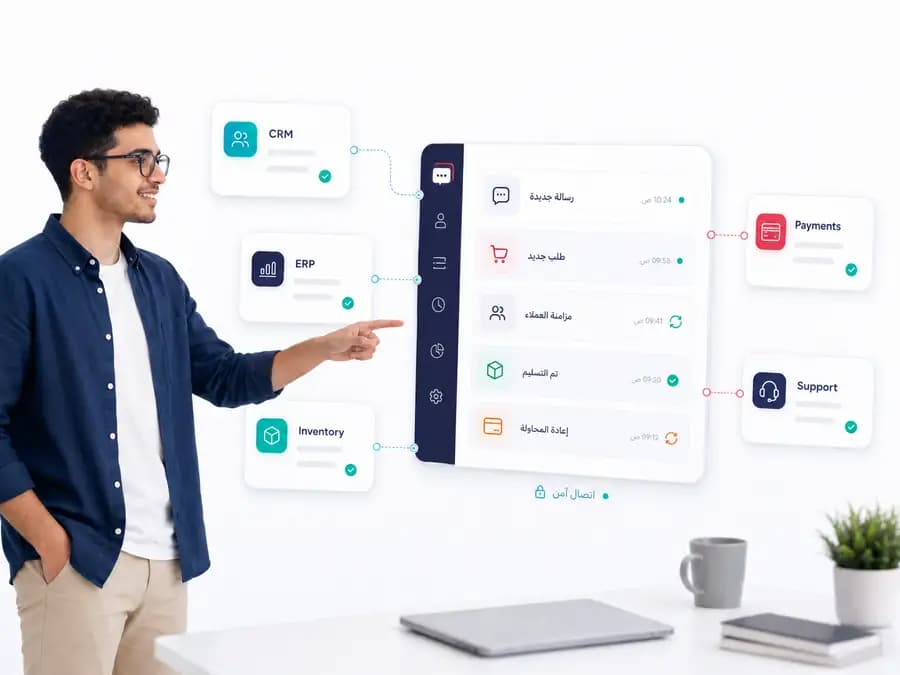خريطة أنظمة متصلة تعرض CRM وERP وInventory وPayments وSupport مع اتصال آمن